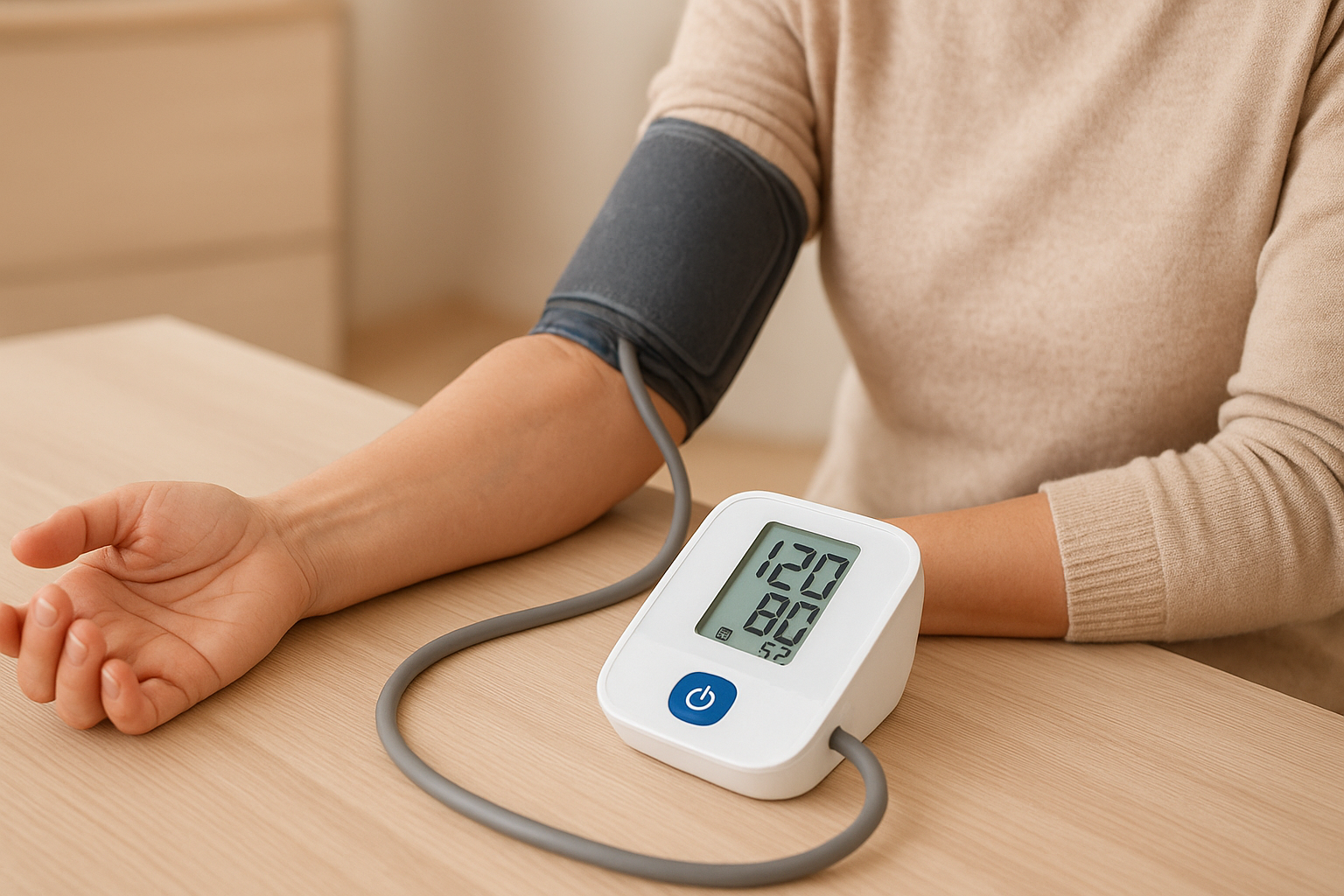 Personne mesurant sa tension artérielle avec un tensiomètre électronique sur le bras, posé sur une table en bois clair.