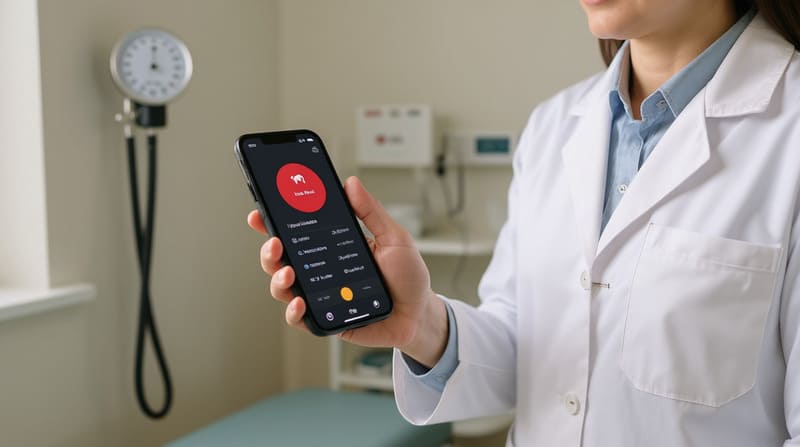 Mesure de la tension artérielle Gros plan d’un tensiomètre numérique indiquant 120/80 mmHg et 72 pulsations par minute, placé à côté d’un carnet avec un stylo.