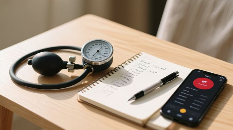 Un tensiomètre numérique affichant 120/80 mmHg posé sur une table en bois à côté d’un carnet de notes où les chiffres de tension sont inscrits, avec un stylo.