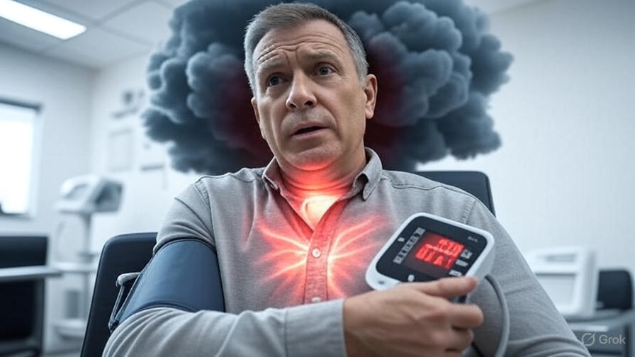 Person measuring blood pressure with a digital monitor, surrounded by symbolic effects of stress and high pressure.