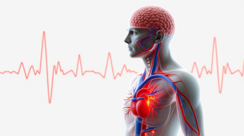 medical illustration showing red blood cells moving inside a vein, human body silhouette and swollen arteries representing hypertension.