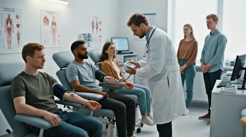 Contrôle de la tension artérielle Un groupe de personnes mesure sa tension artérielle avec l’aide et la supervision d’un médecin.